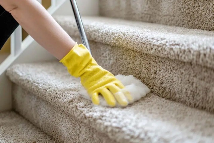 Professional reinigt trapbekleding in een woning in Zaandam